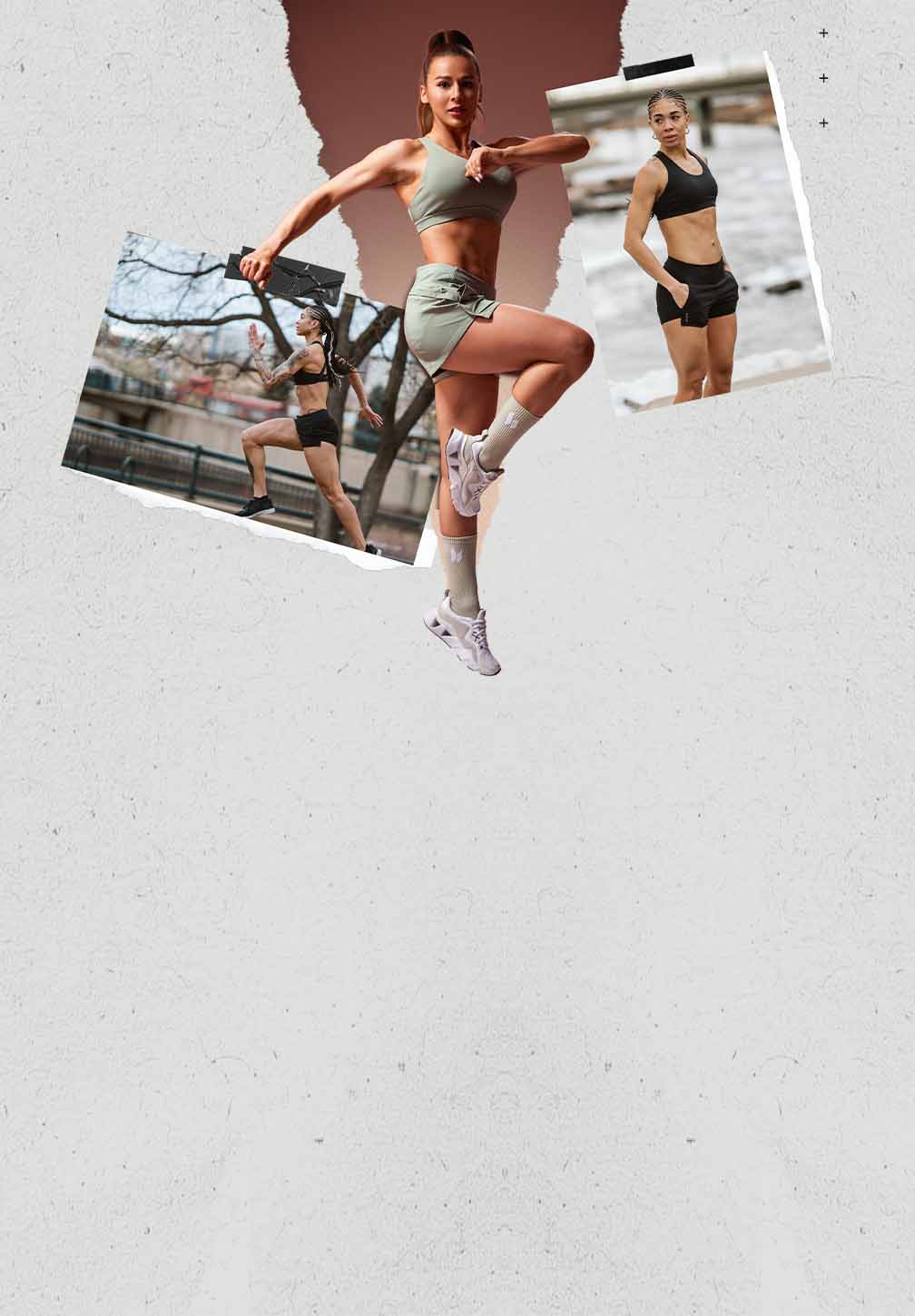 A collage of three athletic women wearing Hylete apparel. The central figure wears a light green sports bra and skirt. The other two women, both with braided hair, are in black sports bras and shorts; one is running and the other is standing by a body of water.